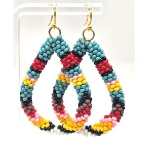 Hand-Beaded Native American Style Dangle Earrings 2" Gold Tone Teardrop